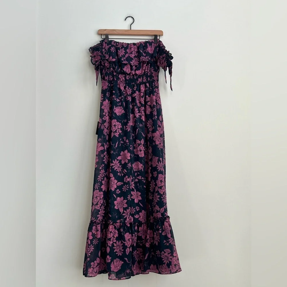 New Lulus Love and Blooms Navy Blue Floral Print Off The Shoulder maxi Dress - Picture 12 of 14